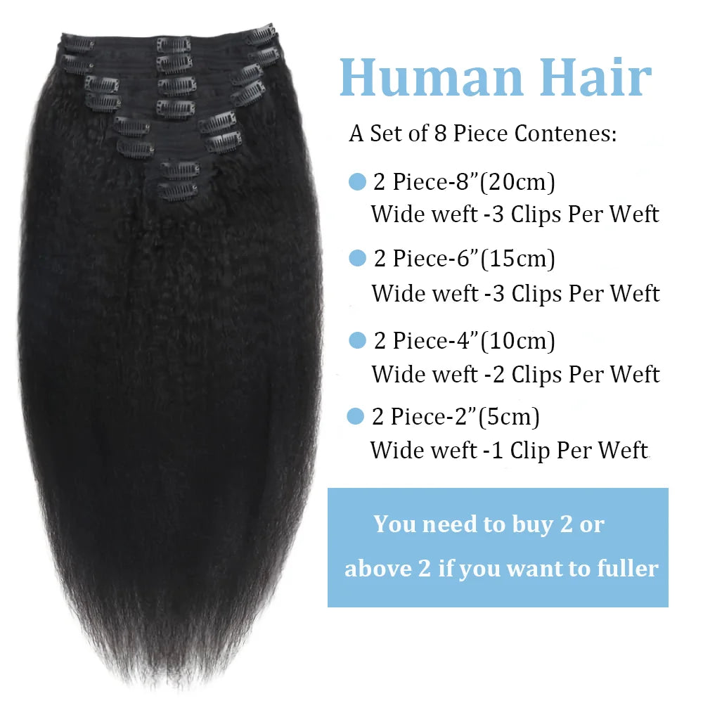 Kinky Straight  100% Remy Human Hair Clips In 120G 8Pcs/Set Full Head For Women