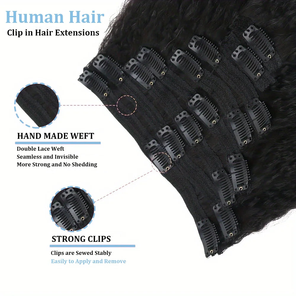 Kinky Straight  100% Remy Human Hair Clips In 120G 8Pcs/Set Full Head For Women