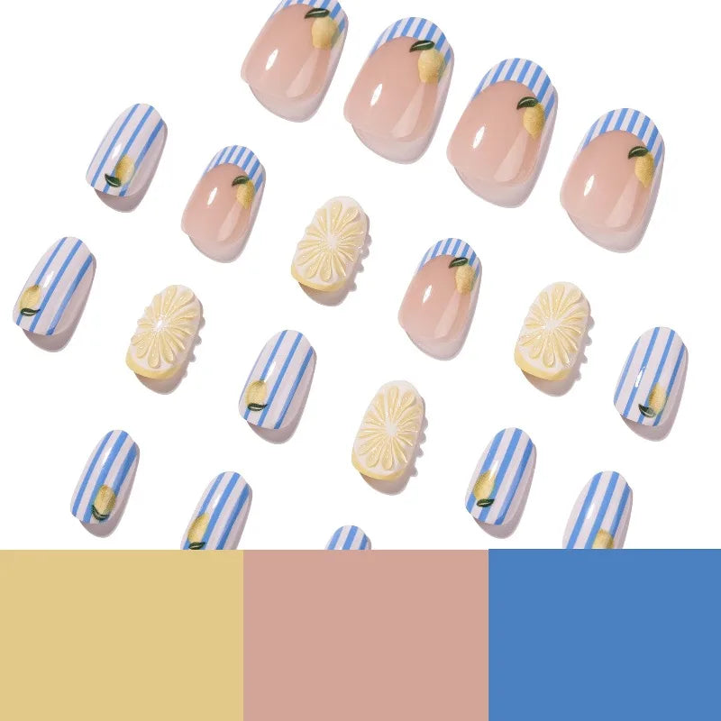 24PCS Sweet Short Round Press on Nails Cute 3D Fruit Blue Stripes Almond False Nails Wearable Lemon Patterns French Ins Manicure