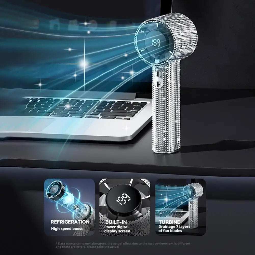 Bedazzled USB rechargeable fan with phone stand and display screen