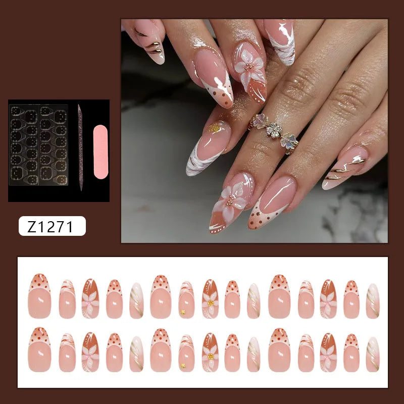 Nude Almond Press on Nails - 3D Gold Foil & Star Design Reusable Removable False Nail Tips for Women Daily Party