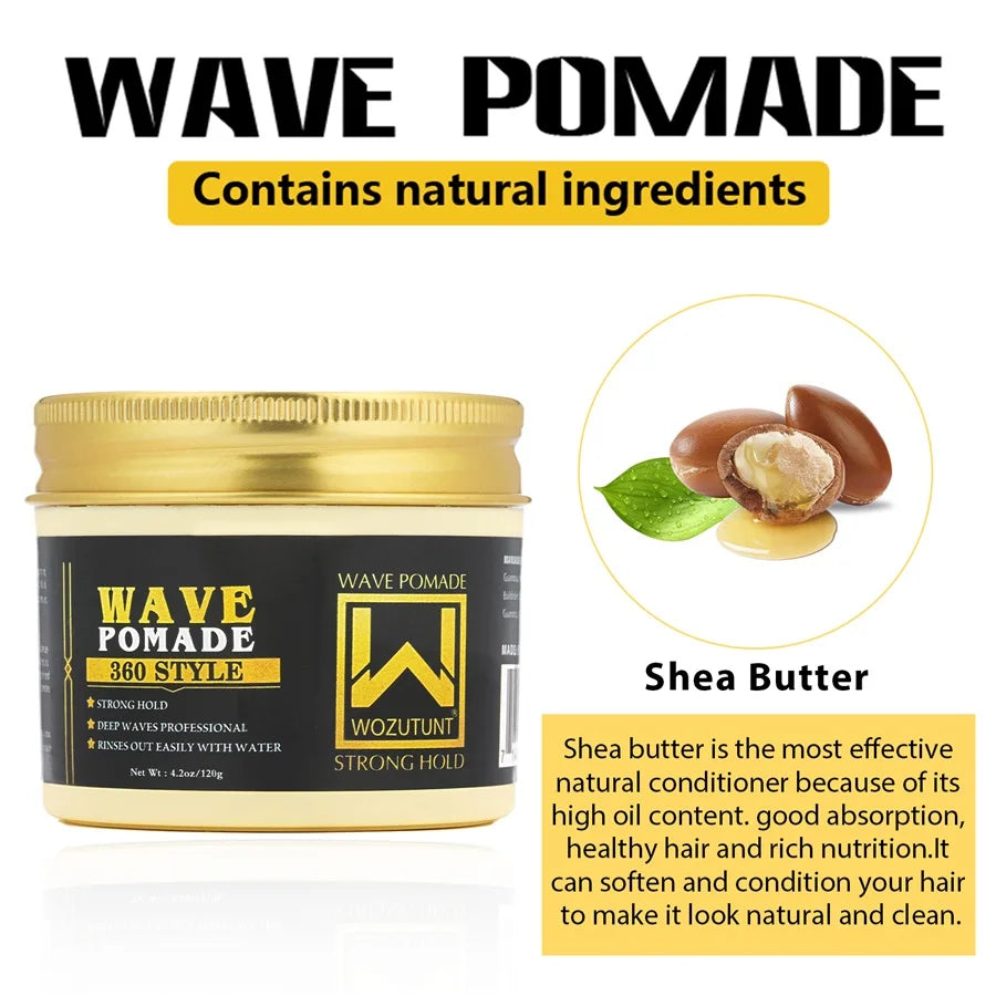Men Shea Butter Wave Control Pomade 360 Style Strong Hold Long Lasting Curly Hair Cream or Brush or Silk Rag Cap Tools Accessory