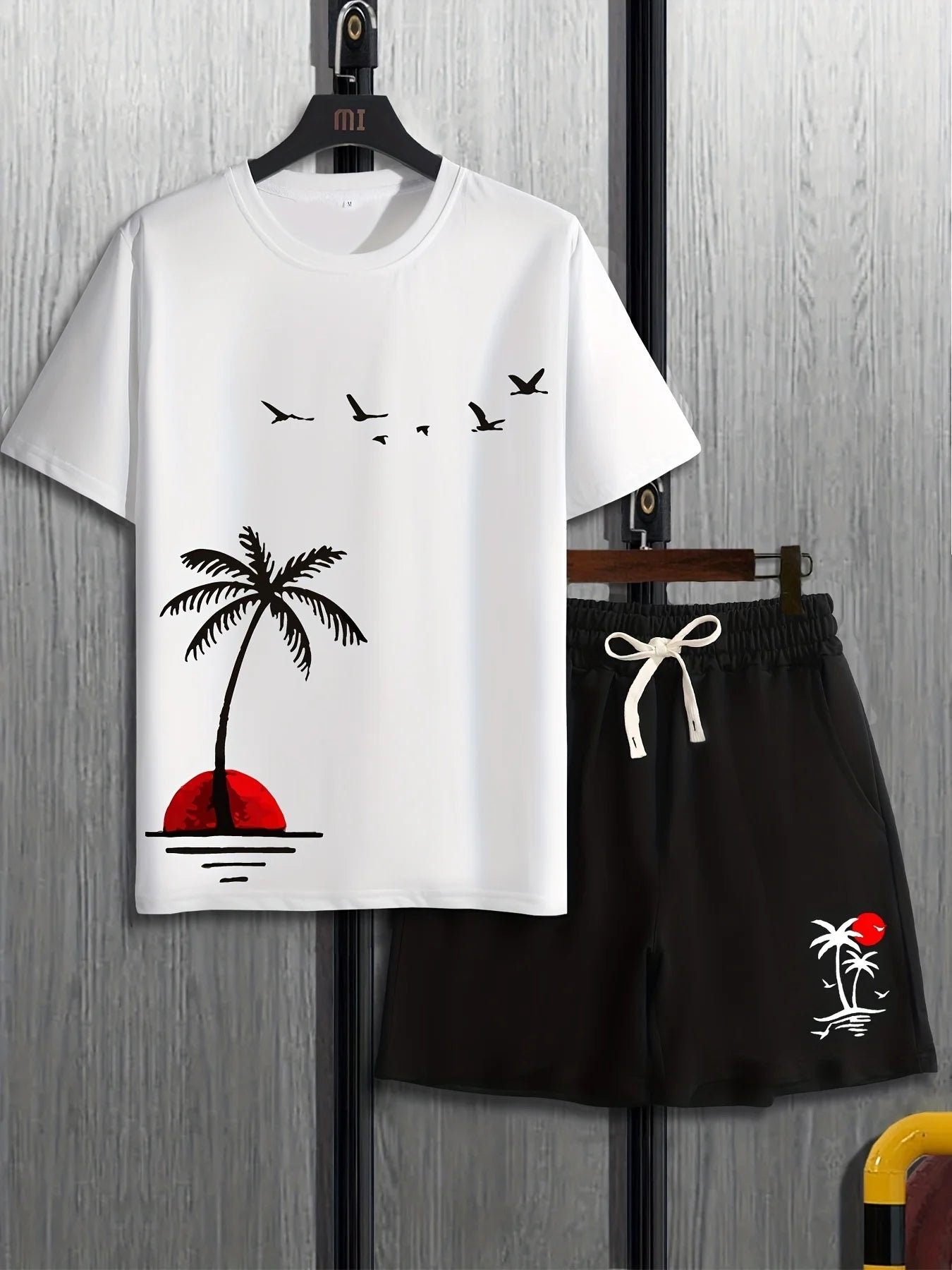 2026 New Coconut Tree Print Mens Short-Sleeve T-Shirt and Shorts Set Hawaiian Men Set Summer Casual T-Shirt Outdoor Beach Shorts