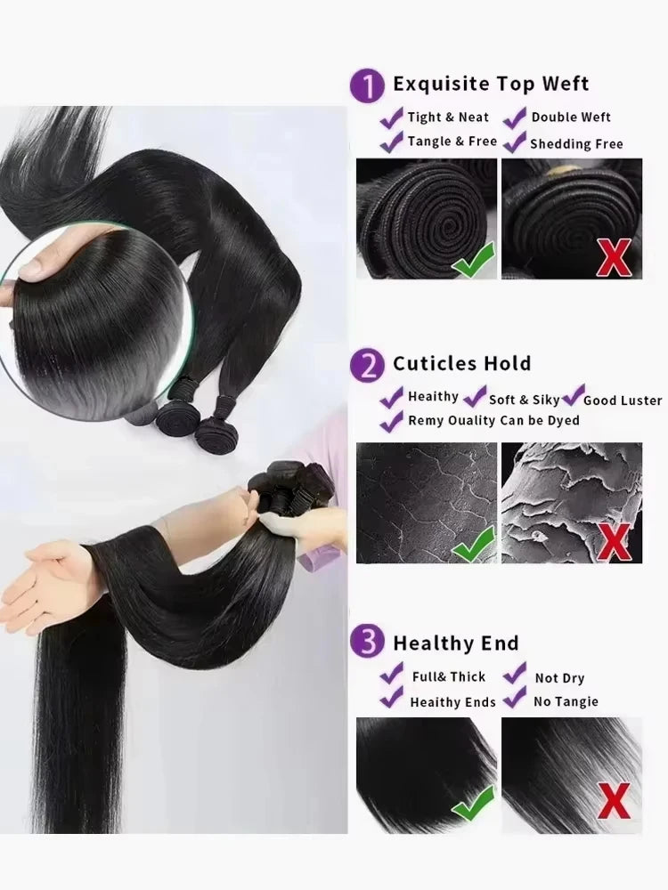 26 28 30 40 Inches Straight Human Hair Bundles Brazilian Raw Remy Weave 100% Unprocessed Extension Weft Natural Black For Women