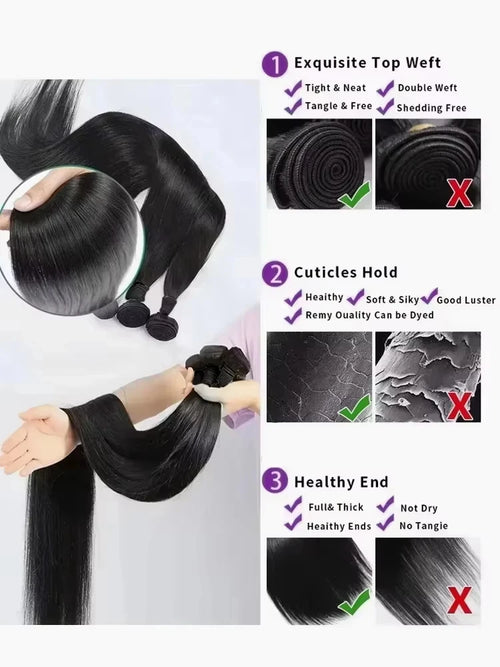 26 28 30 40 Inches Straight Human Hair Bundles Brazilian Raw Remy Weave 100% Unprocessed Extension Weft Natural Black For Women