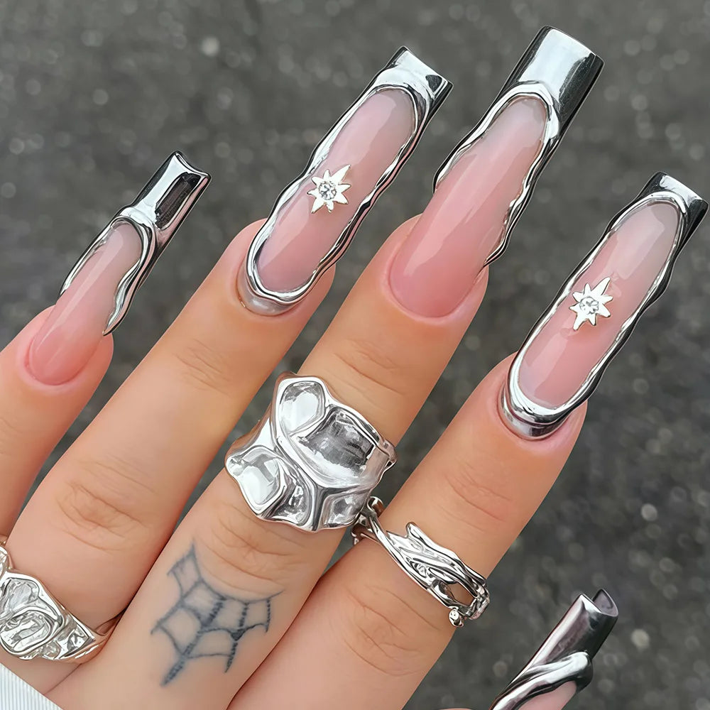 24PCS Silver irregular French star-shaped fake nails. press on nails