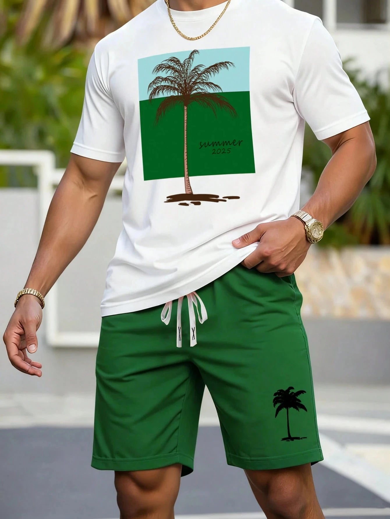 2026 New Coconut Tree Print Mens Short-Sleeve T-Shirt and Shorts Set Hawaiian Men Set Summer Casual T-Shirt Outdoor Beach Shorts