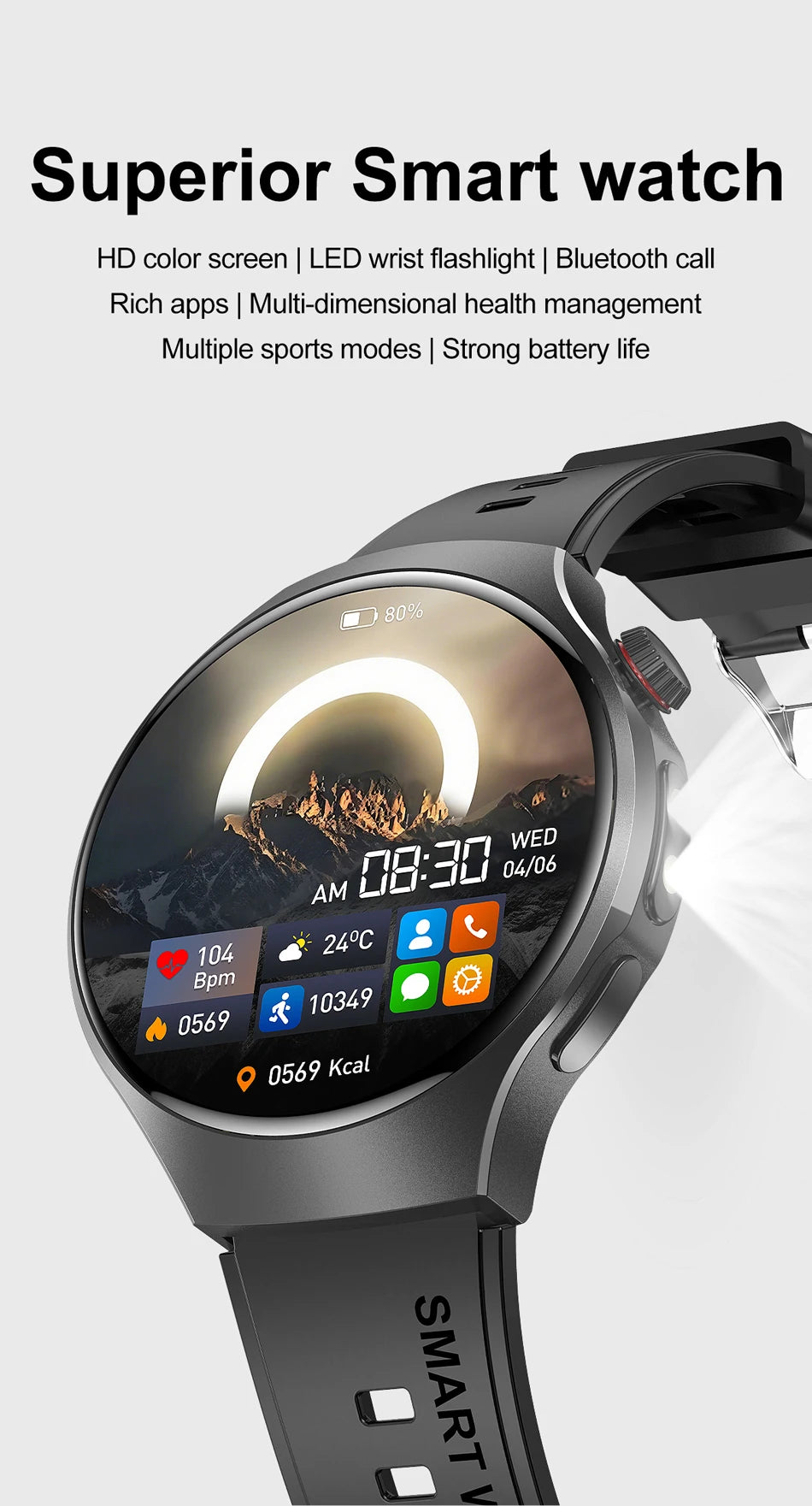 New Smart Watch Men Full Touch Screen Compass Bluetooth Call Flashlight Sports Activity Fitness Heart Rate Waterproof Smartwatch