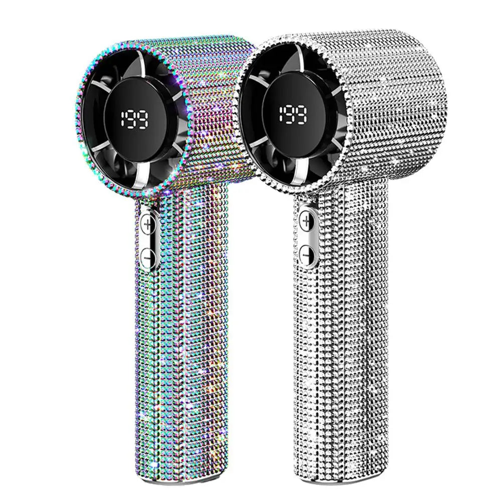 Bedazzled USB rechargeable fan with phone stand and display screen