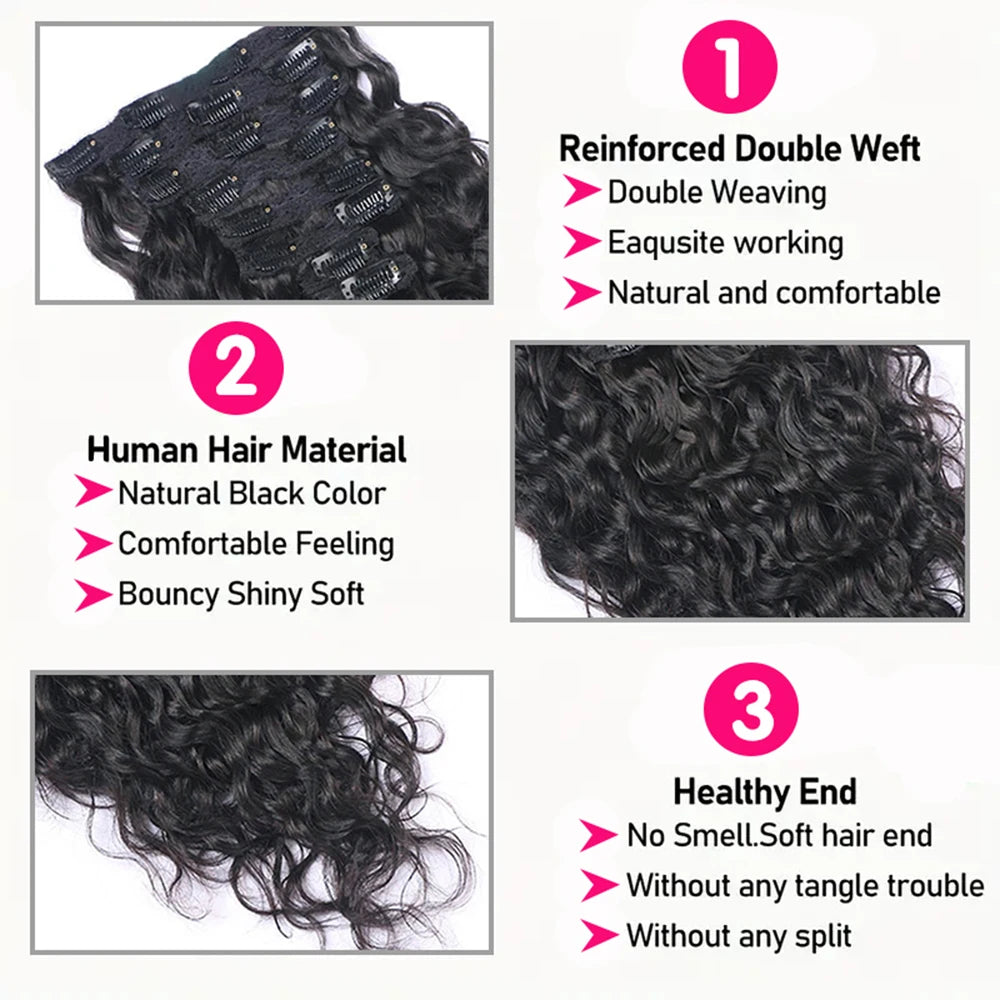 8Pcs 20Clips 120g Brazilian Hair Natural Wave Clip Ins 10-26 Inch Black