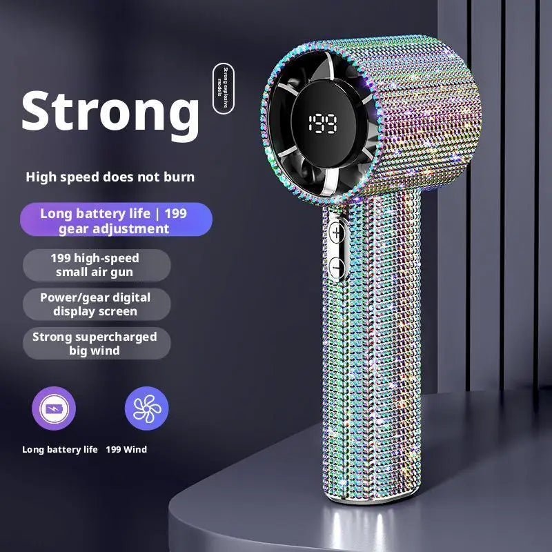 Bedazzled USB rechargeable fan with phone stand and display screen