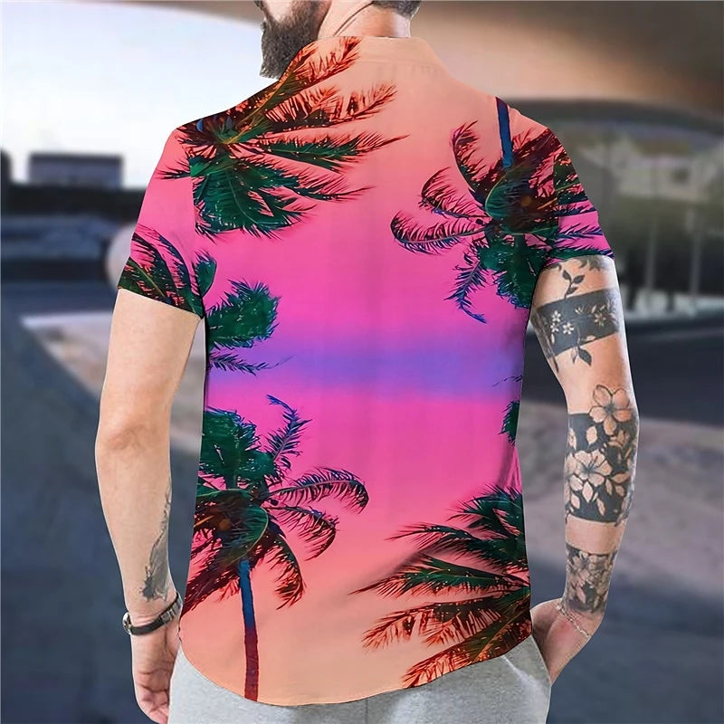 Casual Coconut Tree Graphic Beach Shirts Summer Fashion Short Sleeve Lapel 3D Printed Hawaiian Shirts Mens Loose Vacation Blouse