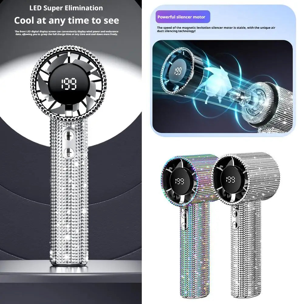 Bedazzled USB rechargeable fan with phone stand and display screen
