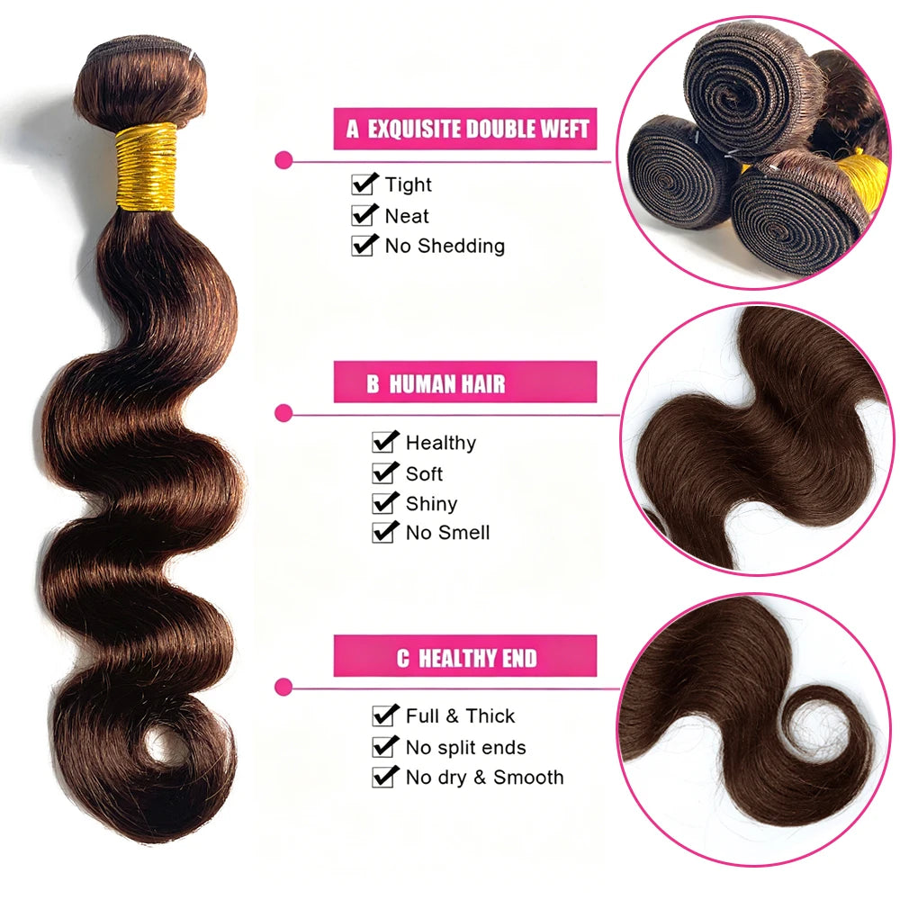 #4 Dark Brown Body Wave Bundles 1/3PCS Human Hair Bundles 18-30 Inches Remy Hair Extensions For Women Brazilian Double Weft Draw