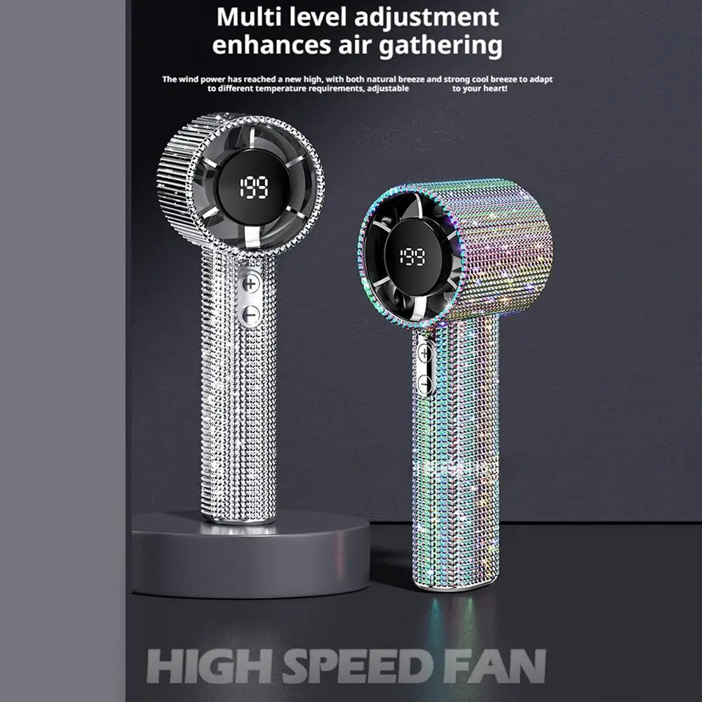 Bedazzled USB rechargeable fan with phone stand and display screen