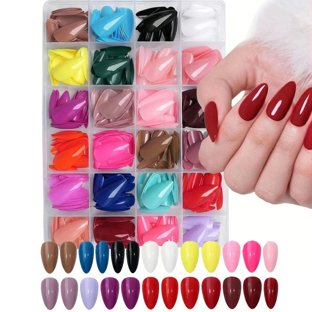 576pcs Medium Almond Shaped Press On Nails 24 Solid Color Glossy Acrylic Fake Nails Full Cover Nail Tips For Nail Art Decoration