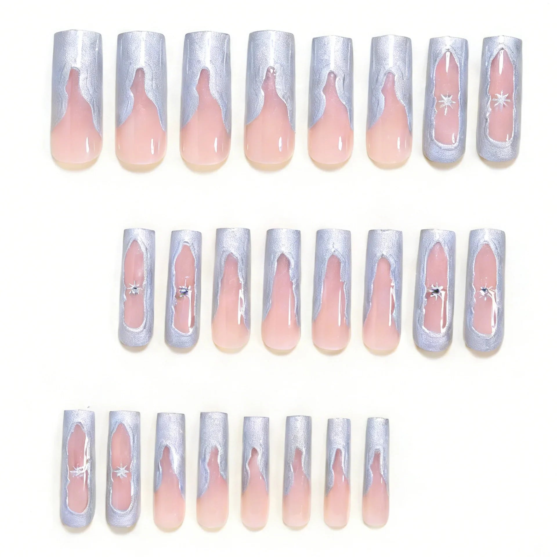 24PCS Silver irregular French star-shaped fake nails. press on nails