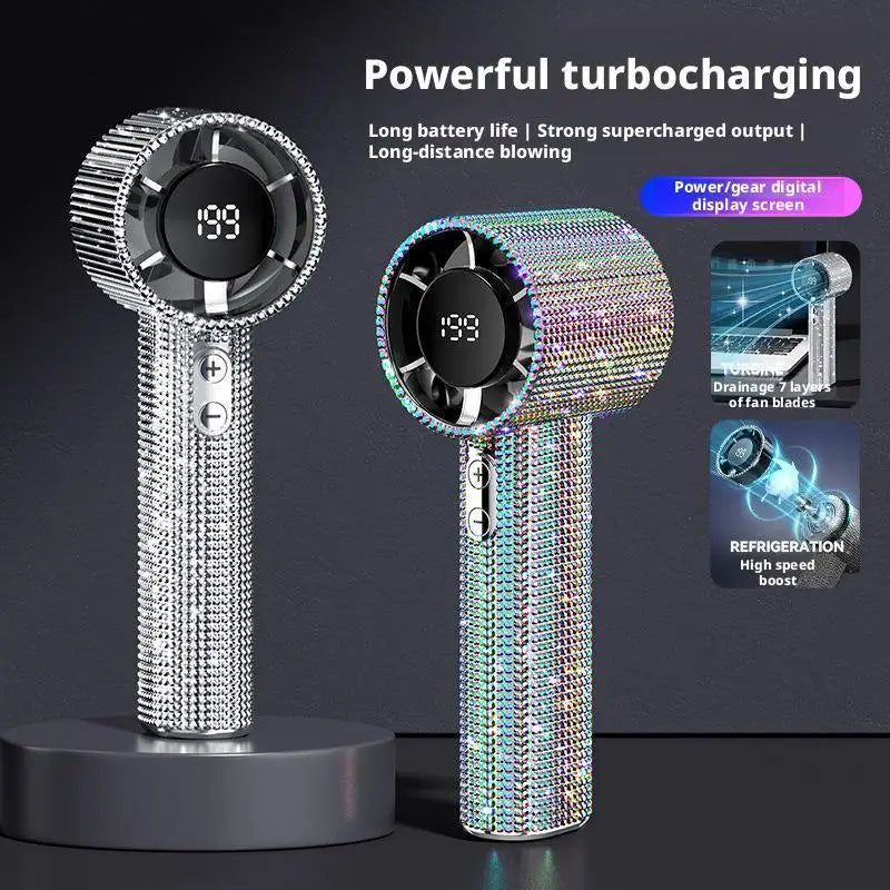 Bedazzled USB rechargeable fan with phone stand and display screen