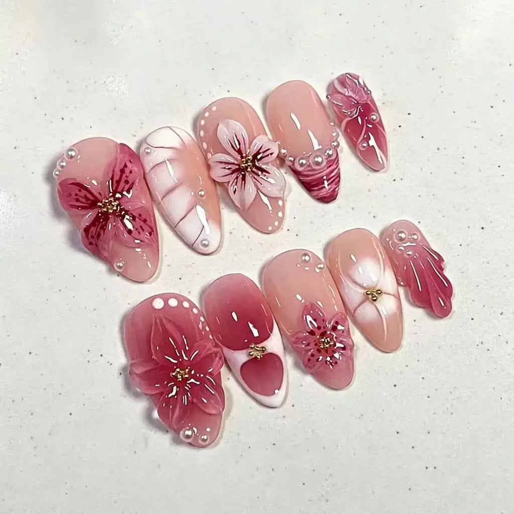 3D Handmade Summer Cherry Blossom Press On Nails Embossed Pink Flower Shell Medium Long Almond False Nails