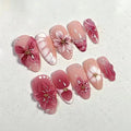 3D Handmade Summer Cherry Blossom Press On Nails Embossed Pink Flower Shell Medium Long Almond False Nails