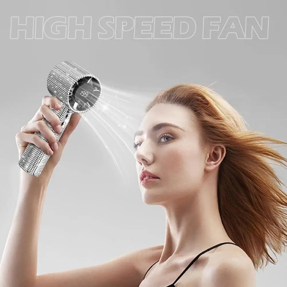 Bedazzled USB rechargeable fan with phone stand and display screen