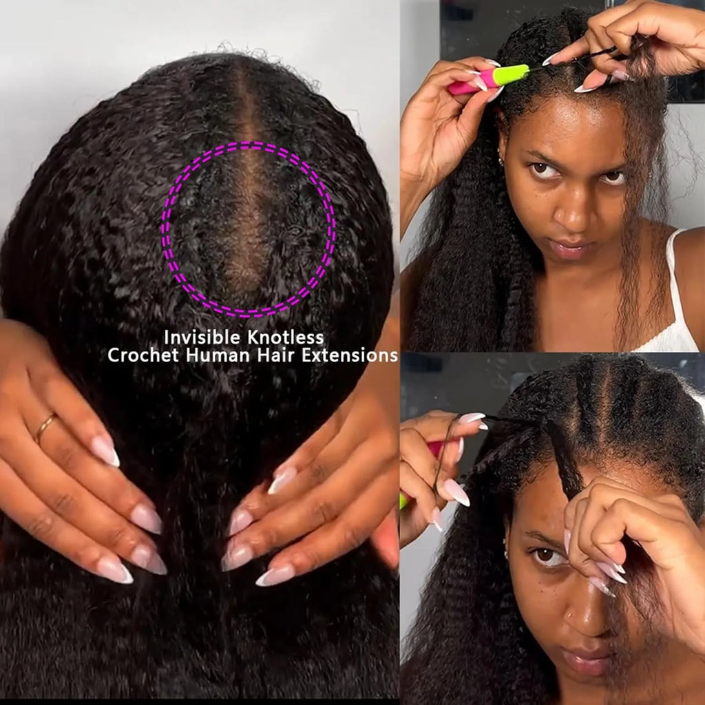 Kinky Straight Feather Crochet Human Hair Extensions | Knotless Boho Braids