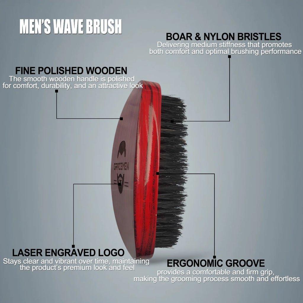 Gracemen 360 Wave Hair Brush for Men with Silky Wave Cap - Also Ideal for Beard Grooming, Curved Medium Stiffness Boar Bristles
