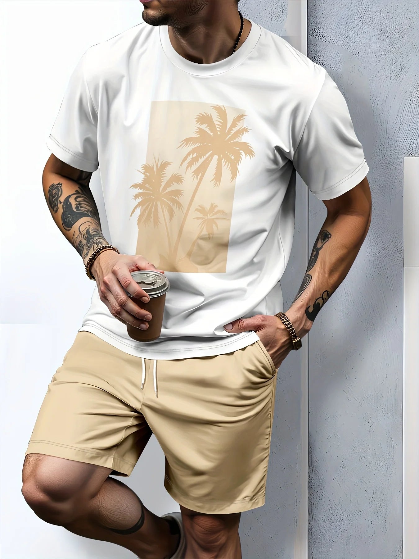 2026 New Coconut Tree Print Mens Short-Sleeve T-Shirt and Shorts Set Hawaiian Men Set Summer Casual T-Shirt Outdoor Beach Shorts
