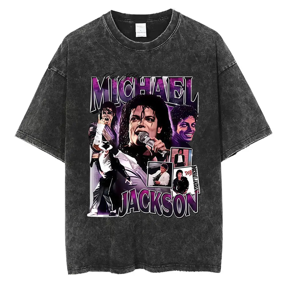 Washed Vintage Michael Jackson Face Graphic T-shirt Men Women Classic Retro Gothic Rock T Shirts Male Hip Hop Oversized T-shirts