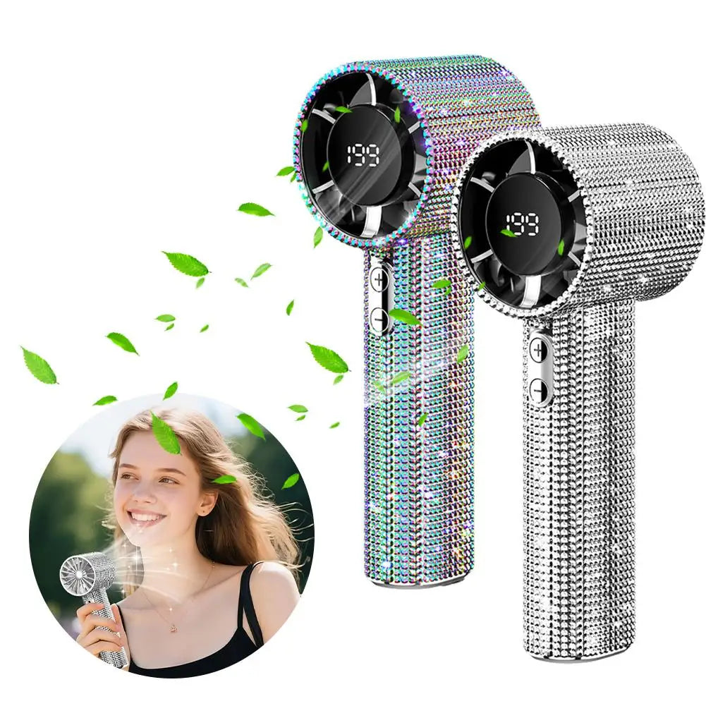 Bedazzled USB rechargeable fan with phone stand and display screen