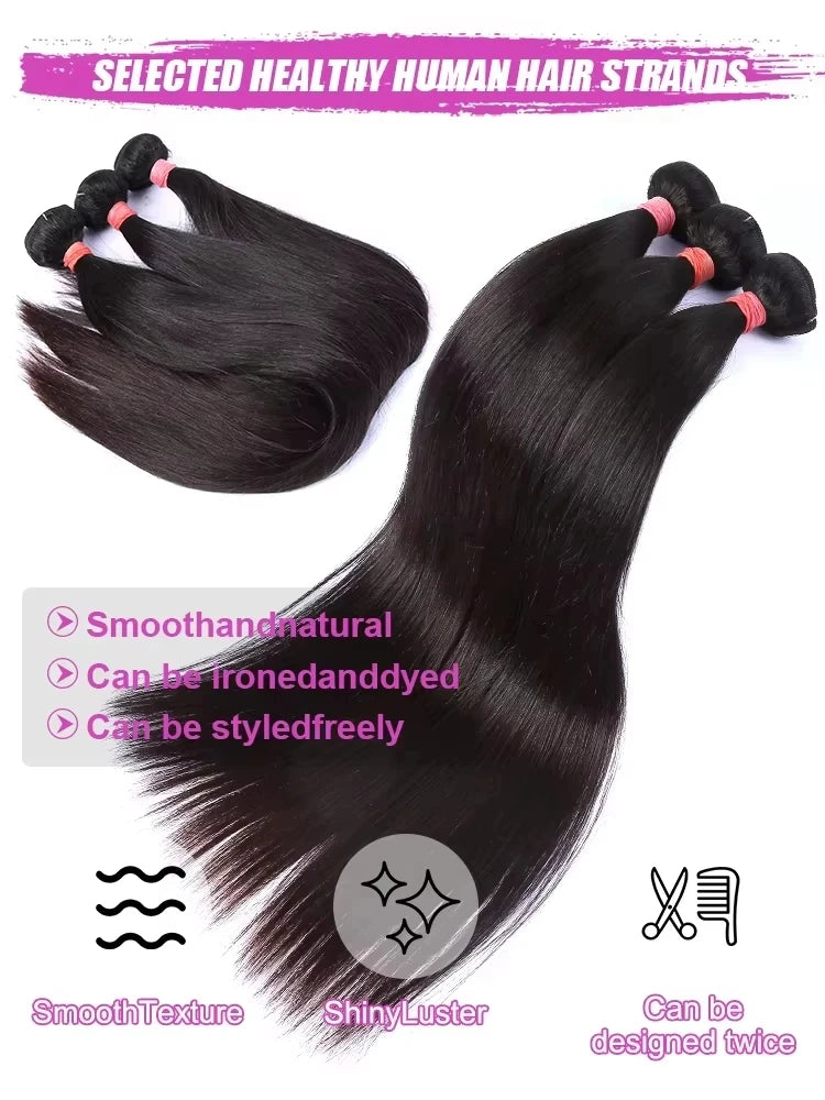 26 28 30 40 Inches Straight Human Hair Bundles Brazilian Raw Remy Weave 100% Unprocessed Extension Weft Natural Black For Women