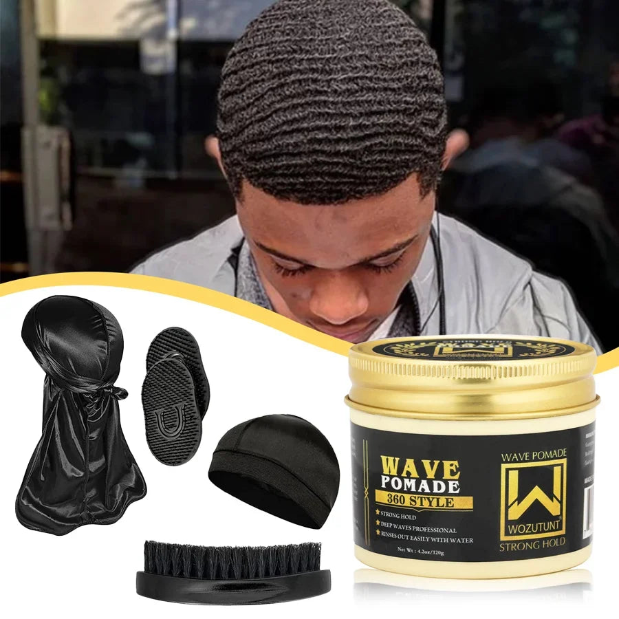 Men Shea Butter Wave Control Pomade 360 Style Strong Hold Long Lasting Curly Hair Cream or Brush or Silk Rag Cap Tools Accessory