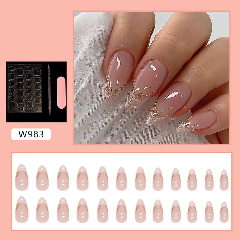Nude Almond Press on Nails - 3D Gold Foil & Star Design Reusable Removable False Nail Tips for Women Daily Party