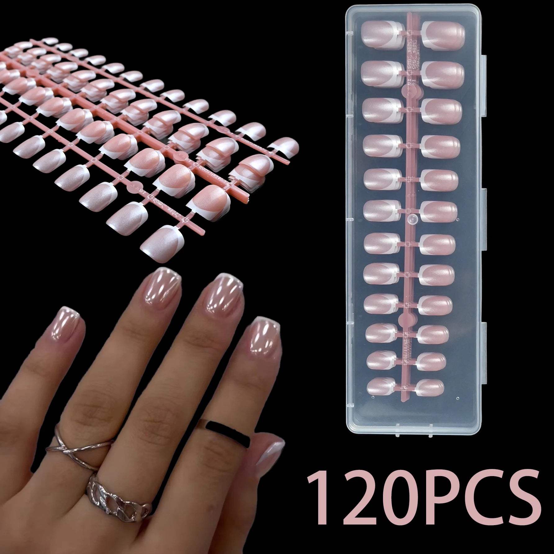 120Pcs Medium-Long Pink French Square Press On Nails. Upgrade your manicure with this brightening, removable nail set. Perfect g