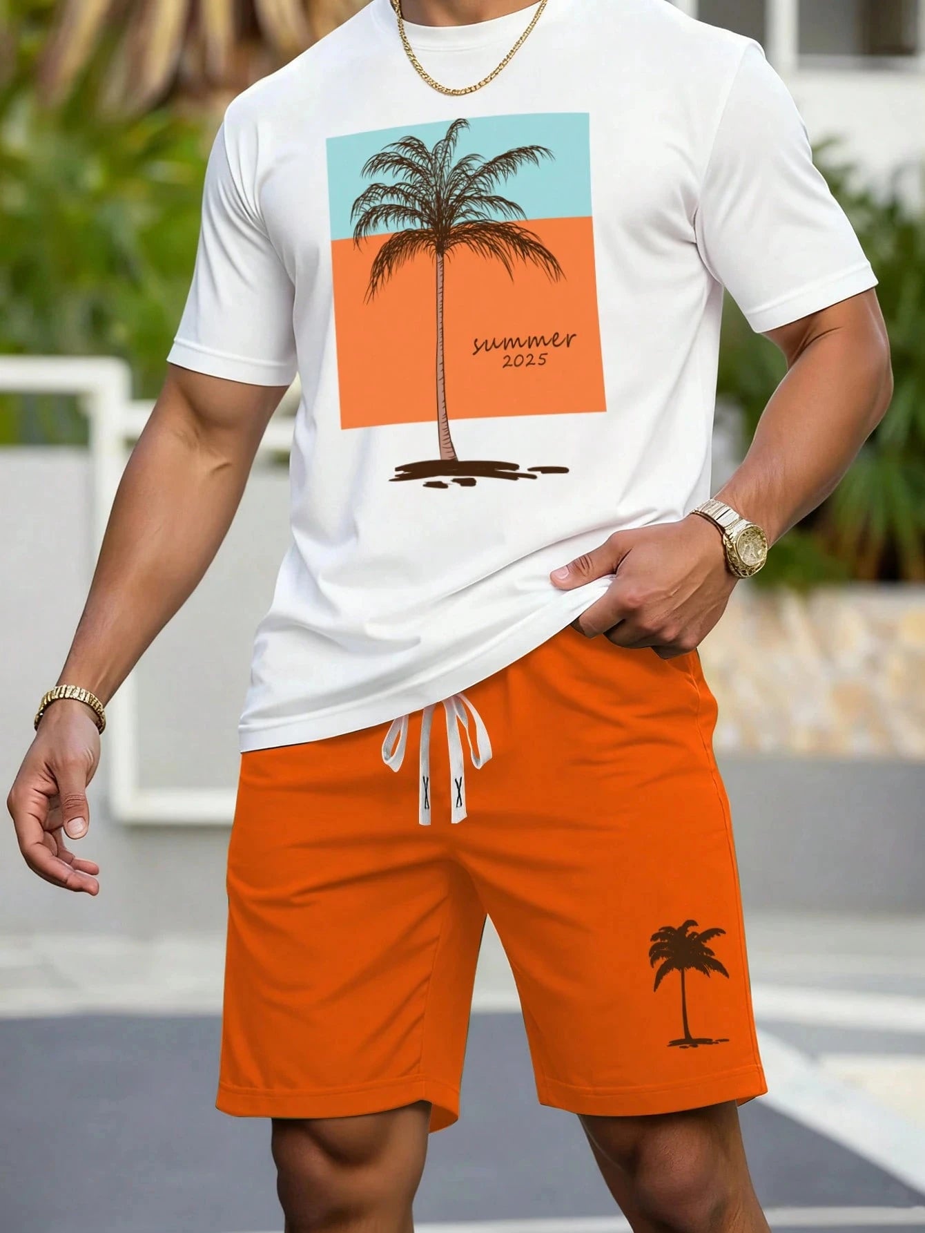 2026 New Coconut Tree Print Mens Short-Sleeve T-Shirt and Shorts Set Hawaiian Men Set Summer Casual T-Shirt Outdoor Beach Shorts