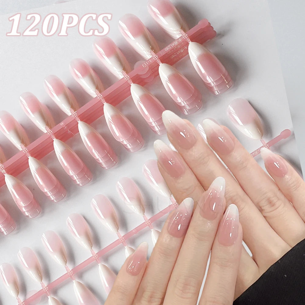 120pcs Nude Pink Gradient Press on Nails Ultra-Tender Almond Gel False nails Simple Full Cover Pink White French Fake Nail Tips#