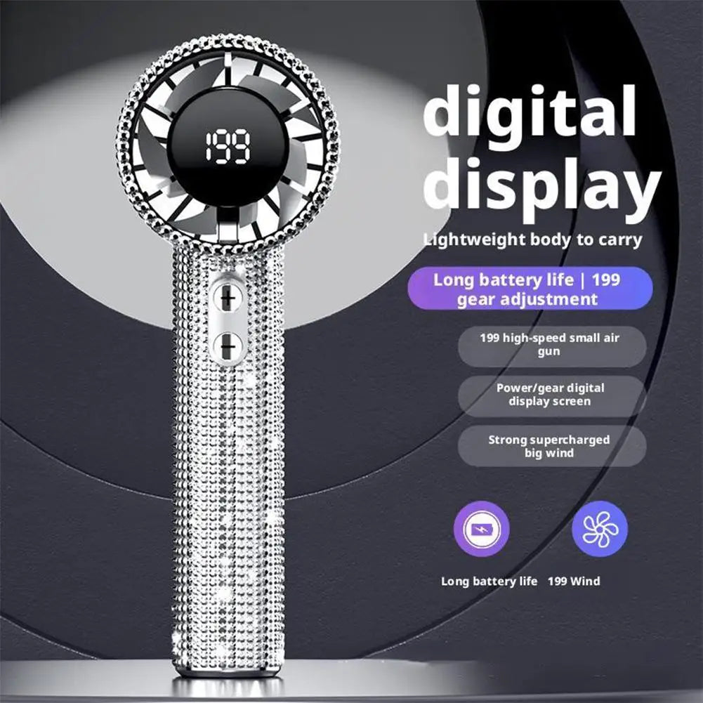 Bedazzled USB rechargeable fan with phone stand and display screen