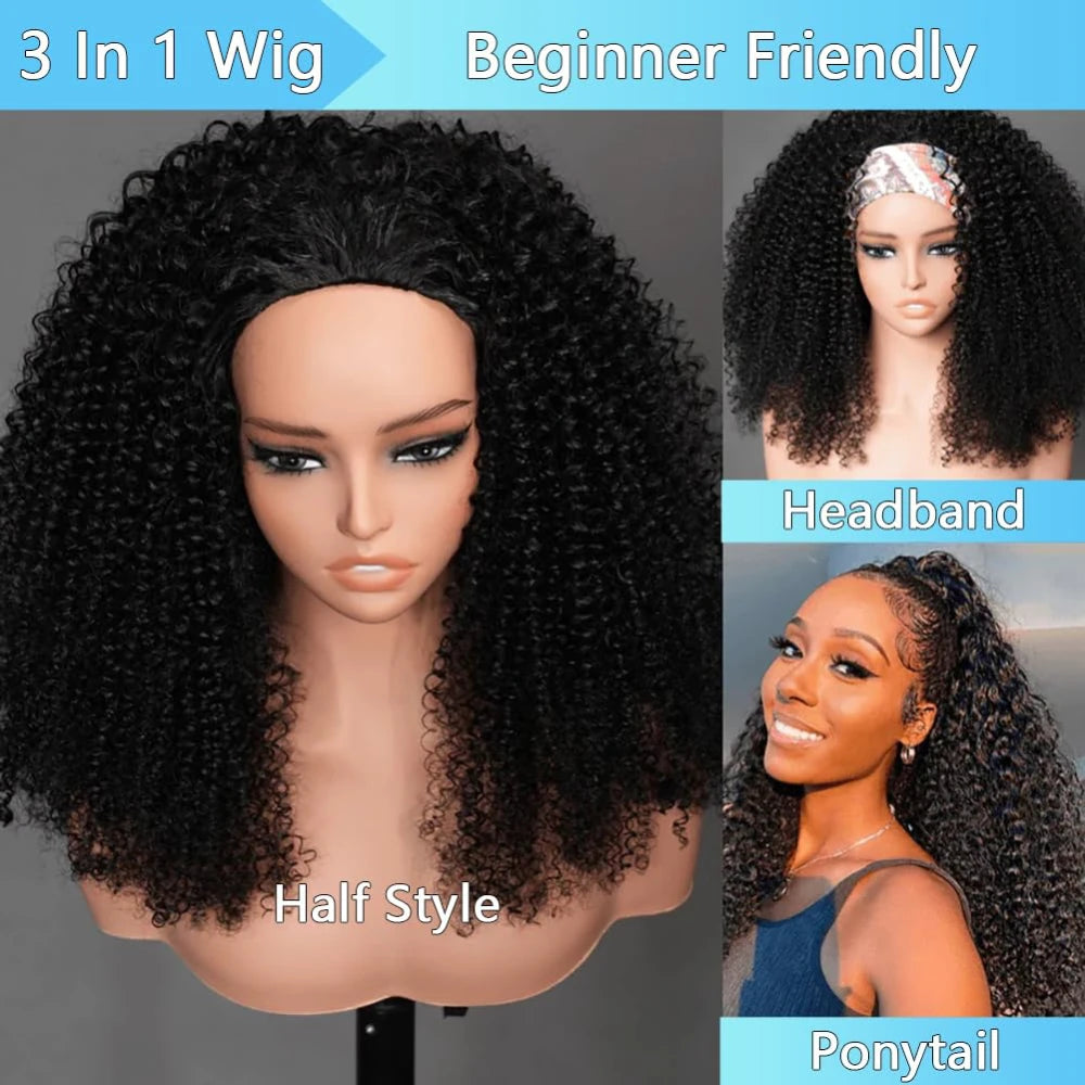 Half Wig 200% Density Remy Hair Headband Wig No Leave Out Curly Human Hair Wigs Upgrade Glueless Clip 3 In 1 Half Wigs For Women