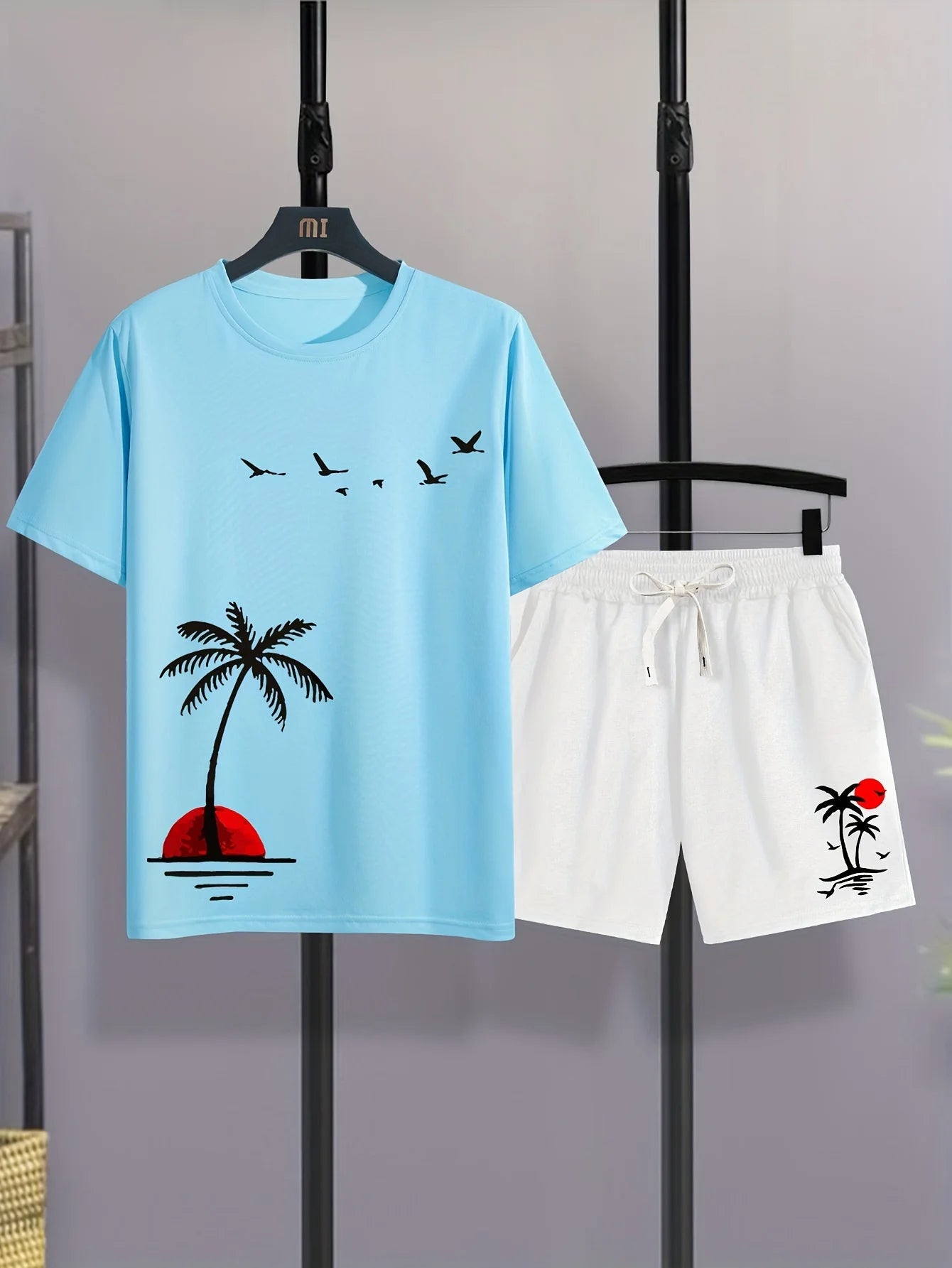 2026 New Coconut Tree Print Mens Short-Sleeve T-Shirt and Shorts Set Hawaiian Men Set Summer Casual T-Shirt Outdoor Beach Shorts