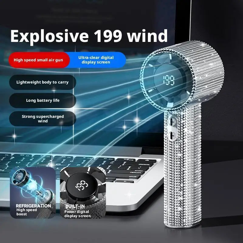 Bedazzled USB rechargeable fan with phone stand and display screen