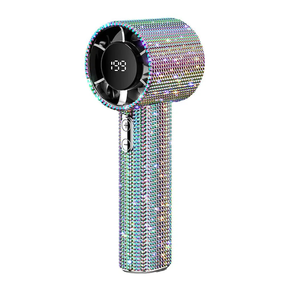 Bedazzled USB rechargeable fan with phone stand and display screen