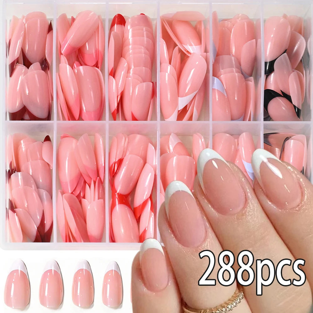 576pcs Medium Almond Shaped Press On Nails 24 Solid Color Glossy Acrylic Fake Nails Full Cover Nail Tips For Nail Art Decoration