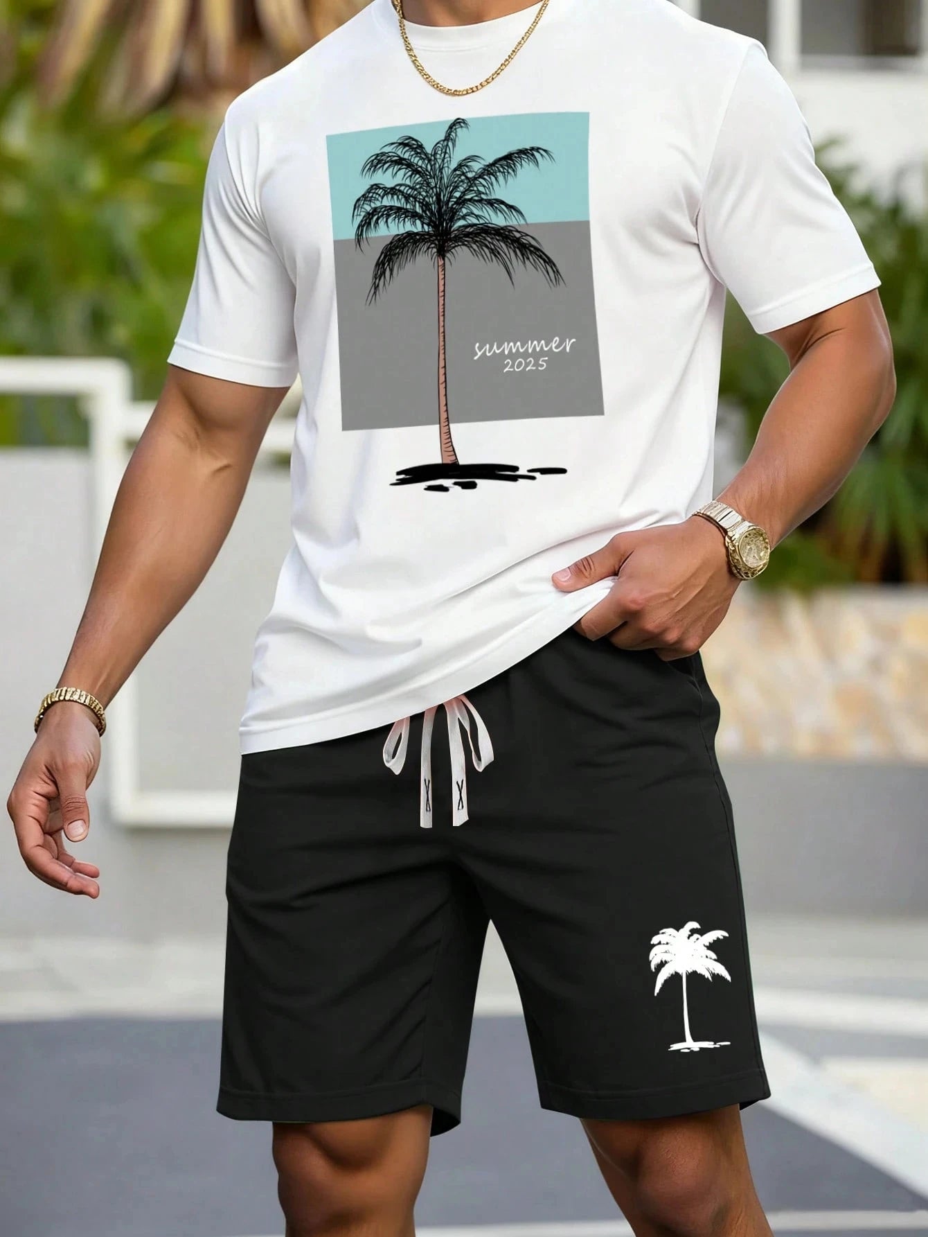 2026 New Coconut Tree Print Mens Short-Sleeve T-Shirt and Shorts Set Hawaiian Men Set Summer Casual T-Shirt Outdoor Beach Shorts