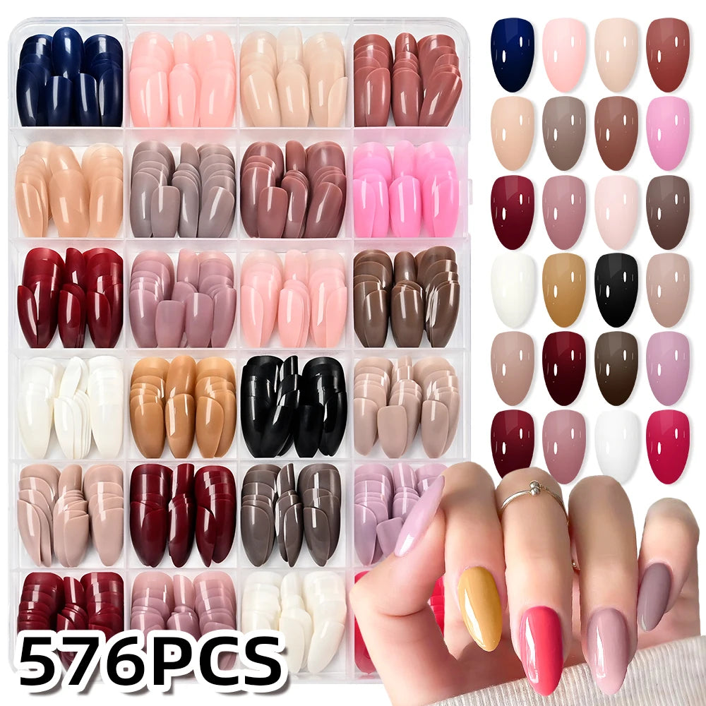 576pcs Medium Almond Shaped Press On Nails 24 Solid Color Glossy Acrylic Fake Nails Full Cover Nail Tips For Nail Art Decoration