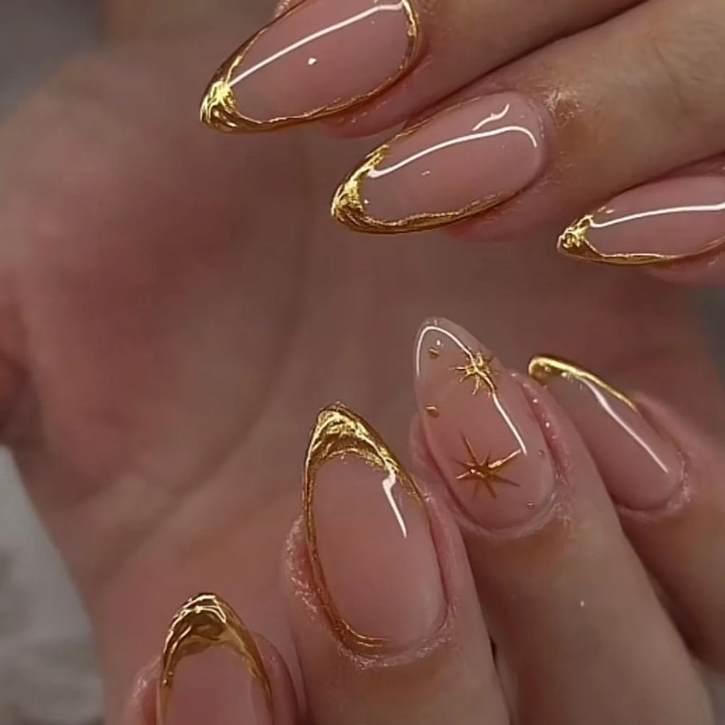 Nude Almond Press on Nails - 3D Gold Foil & Star Design Reusable Removable False Nail Tips for Women Daily Party