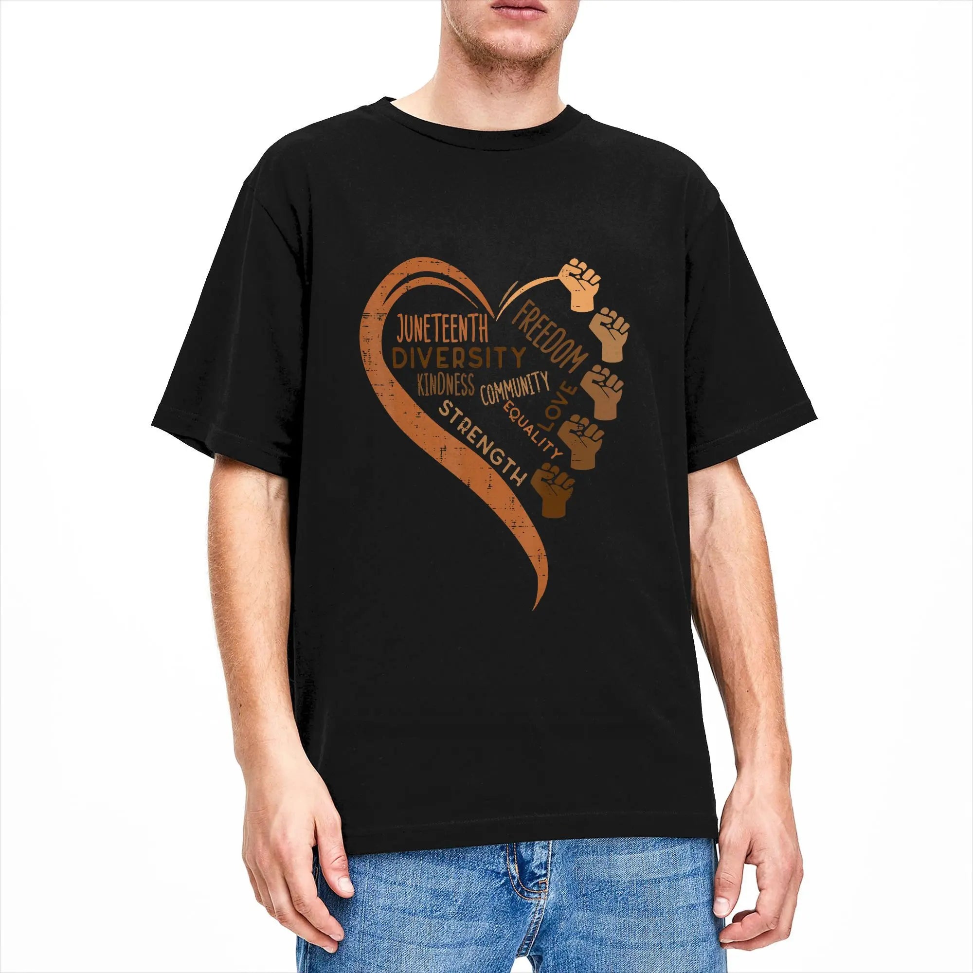 Juneteenth Heart Fists Black History Melanin T Shirt Men's  Cotton Casual T-Shirts Crewneck  Tees Short Sleeve Clothes Gift Idea