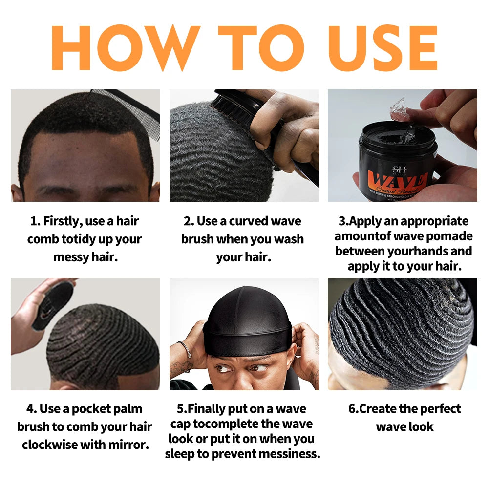3.53oz Biotin Waves Control Pomade For Men Sevich Sport Strong Hold Wave Hair Gel With Brush Wavy Hair Oil Shampoo Conditioner