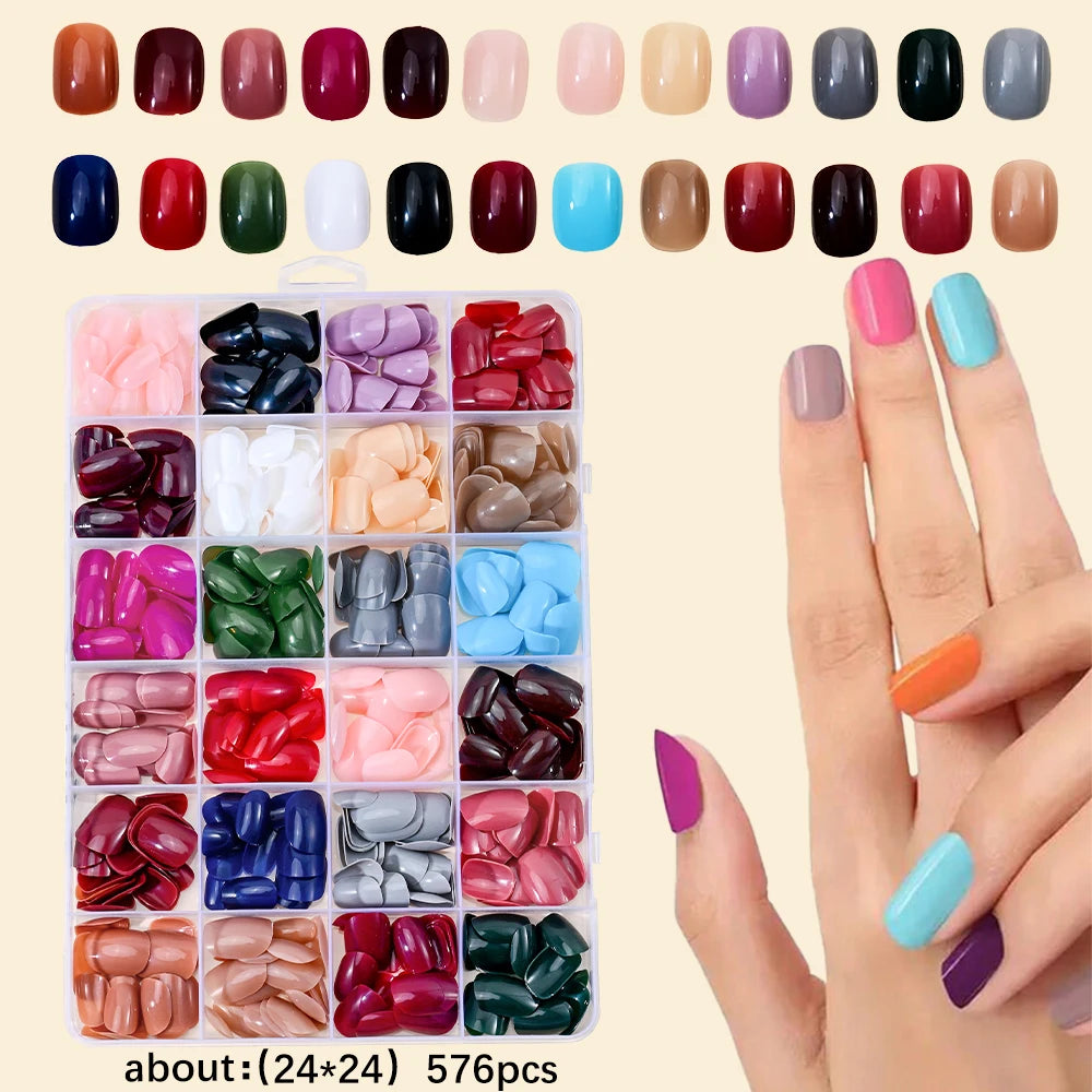 576pcs Medium Almond Shaped Press On Nails 24 Solid Color Glossy Acrylic Fake Nails Full Cover Nail Tips For Nail Art Decoration