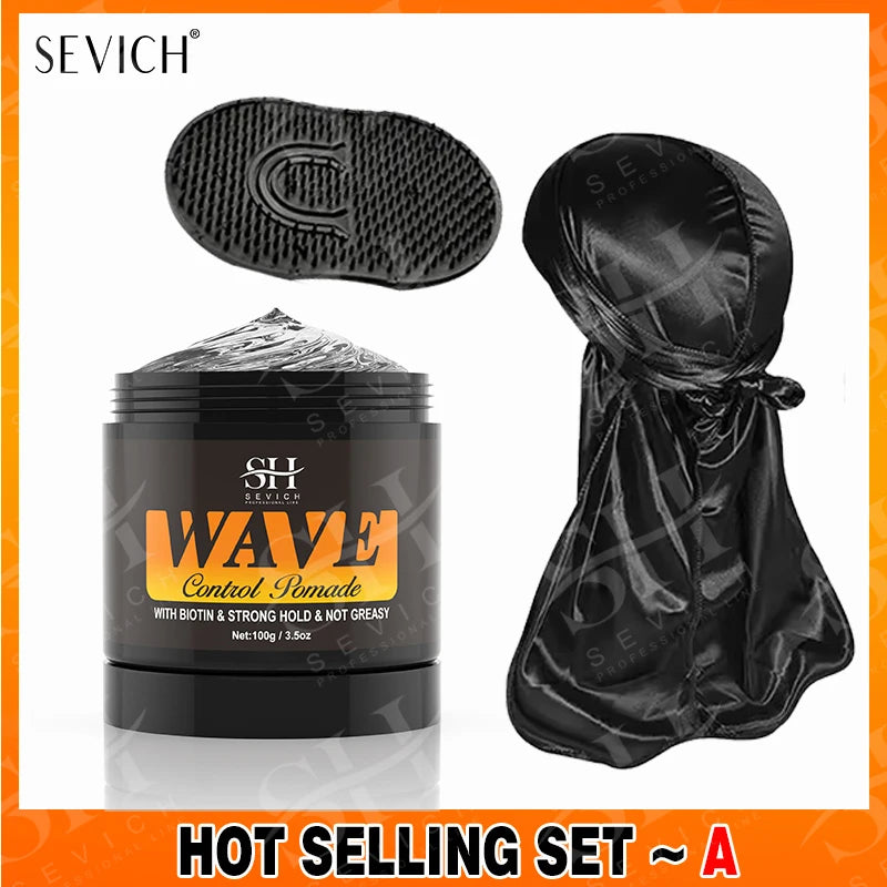 3.53oz Biotin Waves Control Pomade For Men Sevich Sport Strong Hold Wave Hair Gel With Brush Wavy Hair Oil Shampoo Conditioner