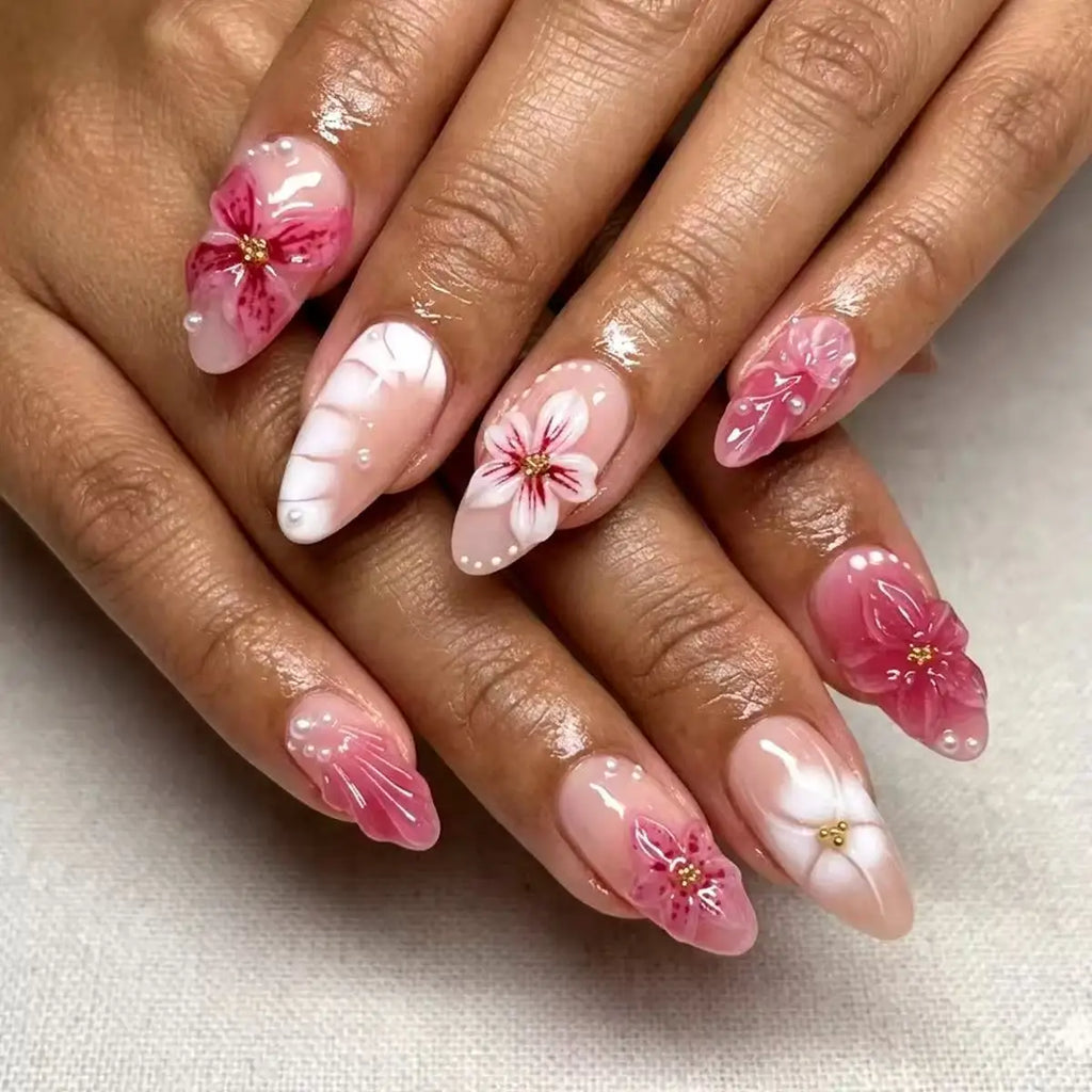 3D Handmade Summer Cherry Blossom Press On Nails Embossed Pink Flower Shell Medium Long Almond False Nails